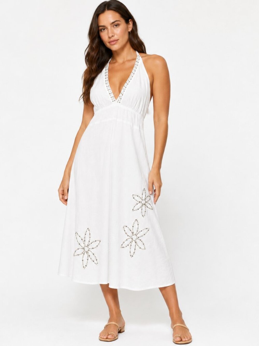 KAITY White Beaded Floral Halter Dress Size L Y2K Boho